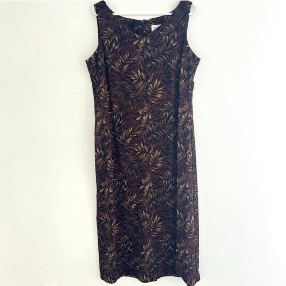Studio I Vintage Brown Fall Autumn Leaf Print Midi Dress 14P